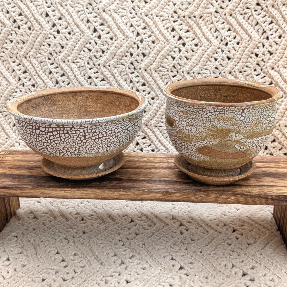 Bruning Pottery Studio Ceramic Planter Set White Crackle Glaze SET 2